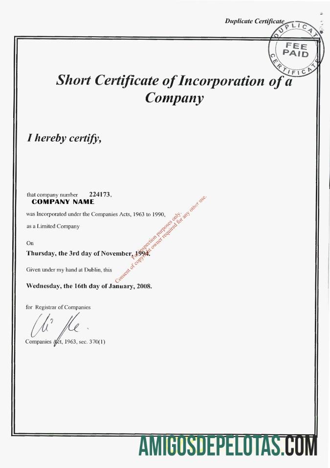 Ireland Certificate Of Incorporation amostra